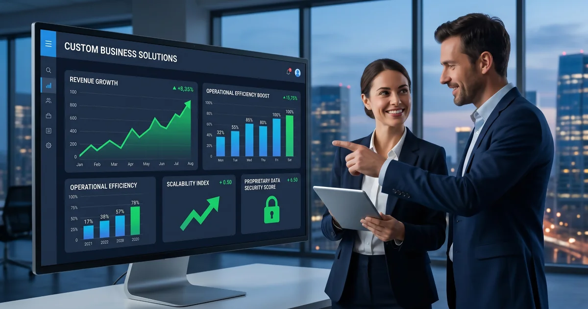 Custom business software solutions dashboard showing real time analytics and business growth
