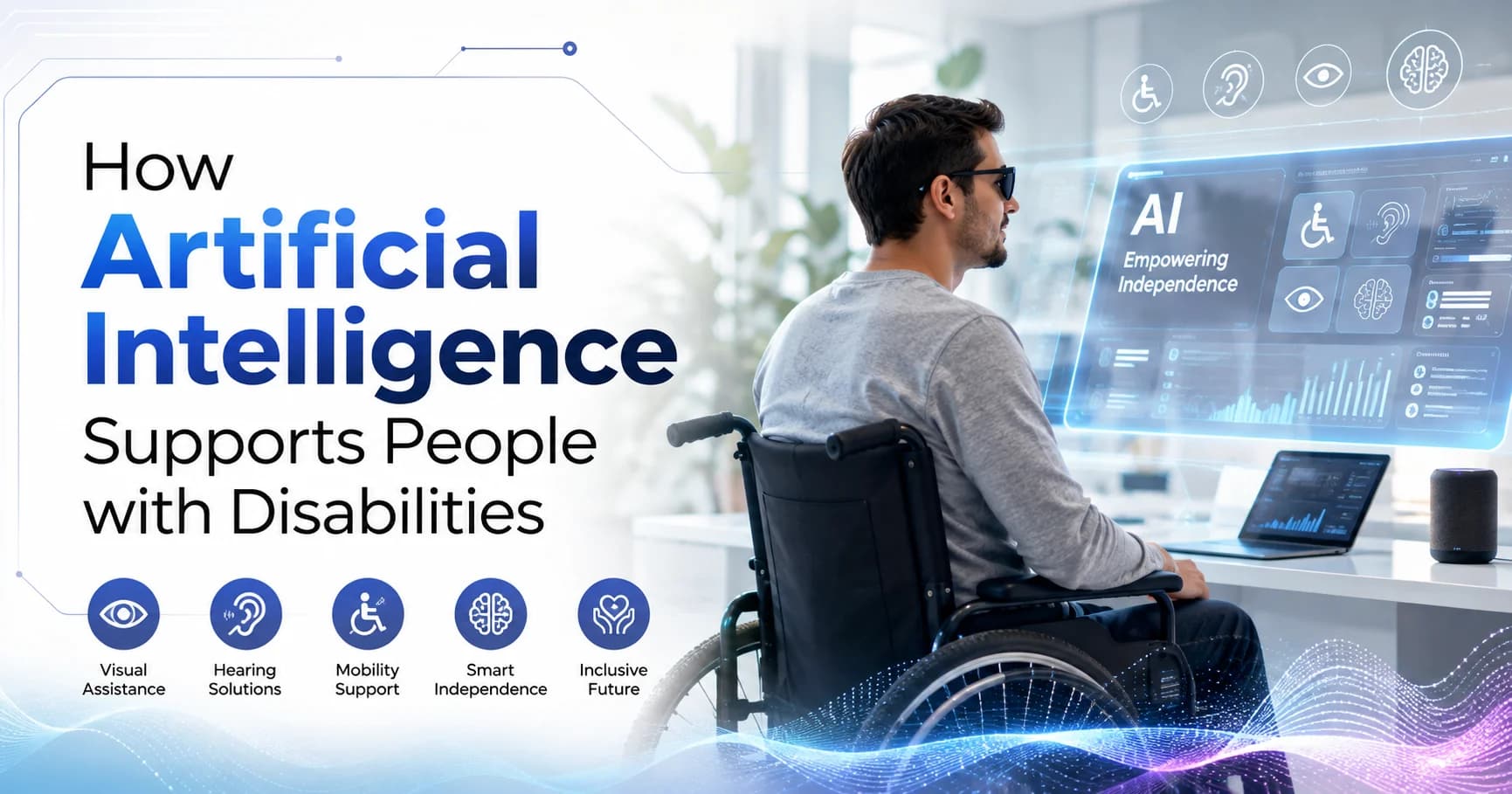 A visually impaired professional navigating a modern digital workspace using AI for people with disabilities