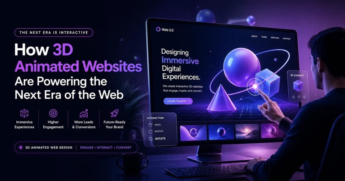 Futuristic 3D animated web design interface displayed on a computer screen