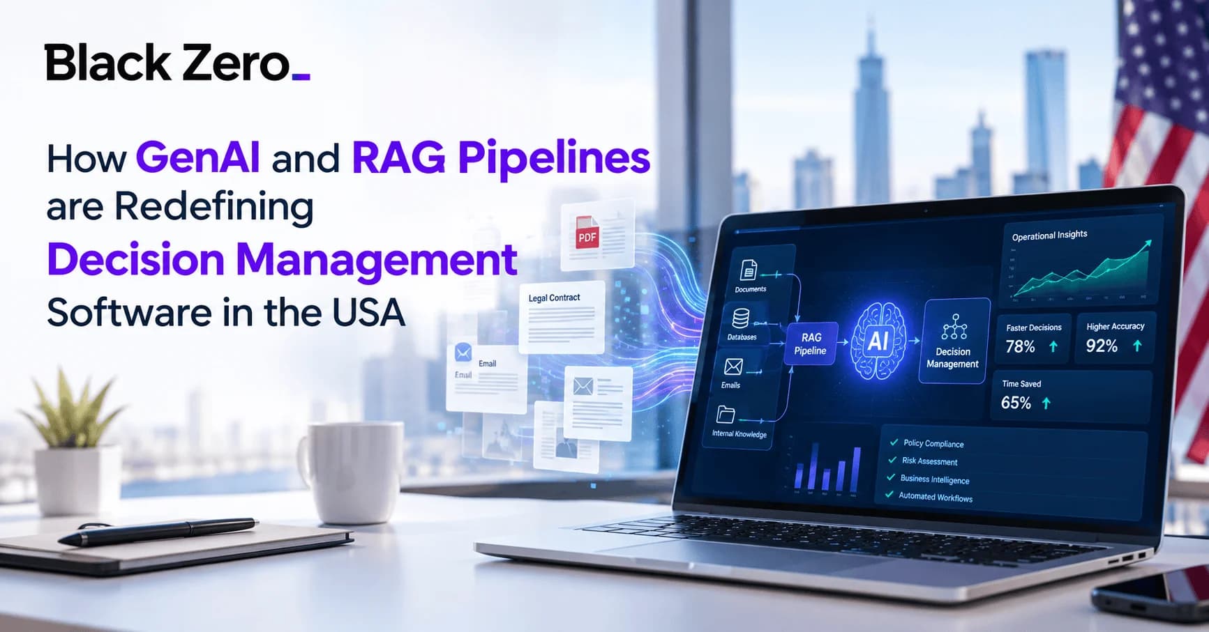 GenAI and RAG pipelines interface displaying decision management software metrics for US enterprises