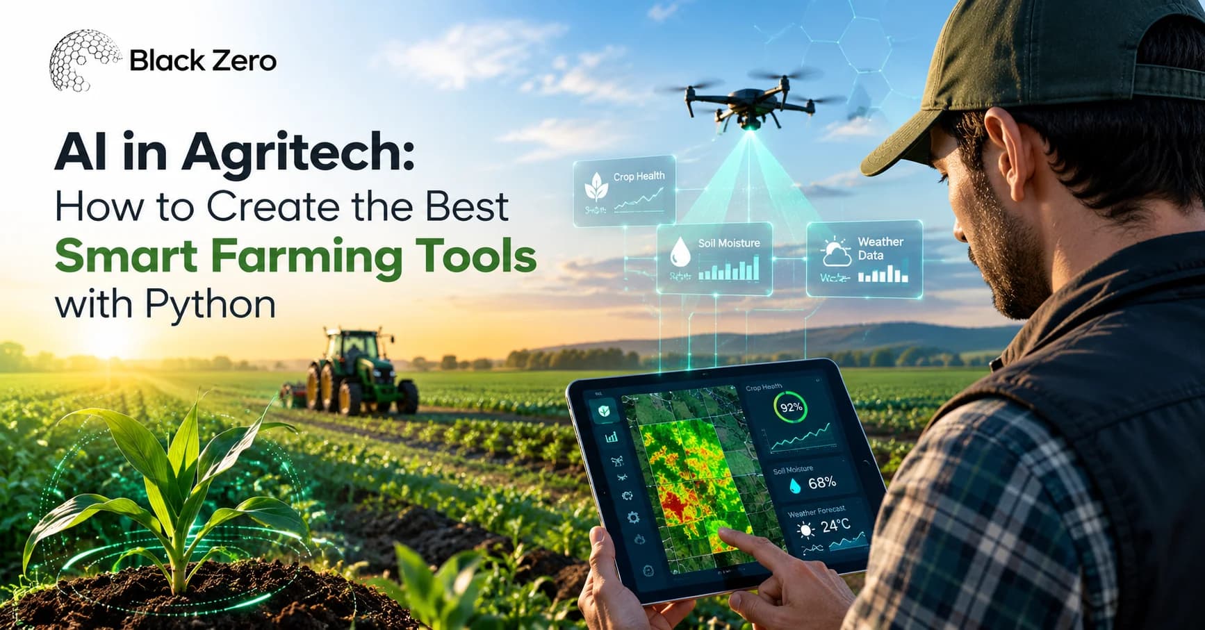 Agricultural engineer analyzing predictive farming data on a digital tablet