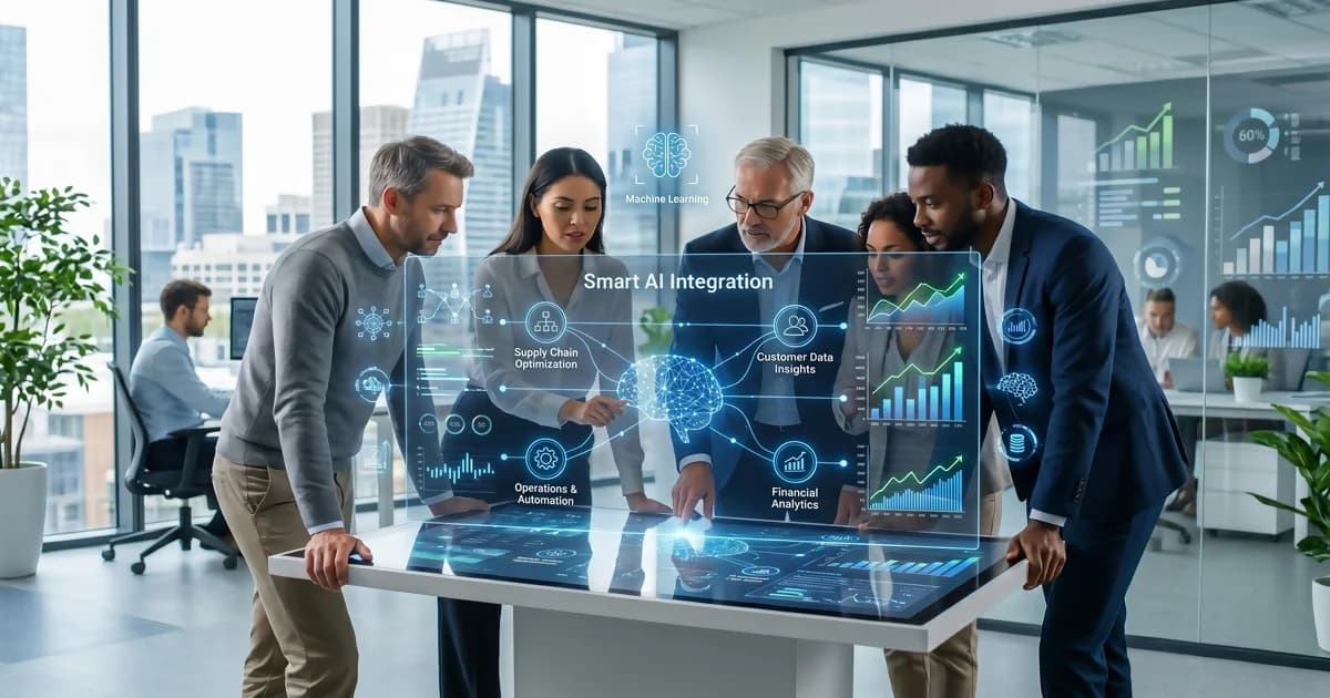 Modern business team analyzing data for smart AI integration on digital screens