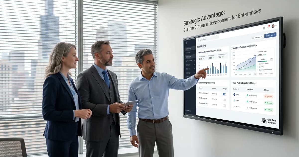 Business team analyzing custom software development solutions for scalable digital infrastructure