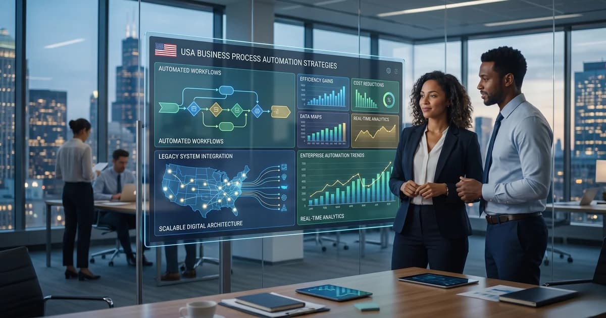 Corporate analytics dashboard displaying live business process automation strategies USA