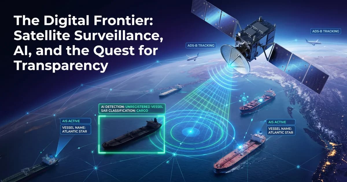 Illustration of satellite surveillance technology monitoring commercial ships and aircraft using AI and SAR sensors