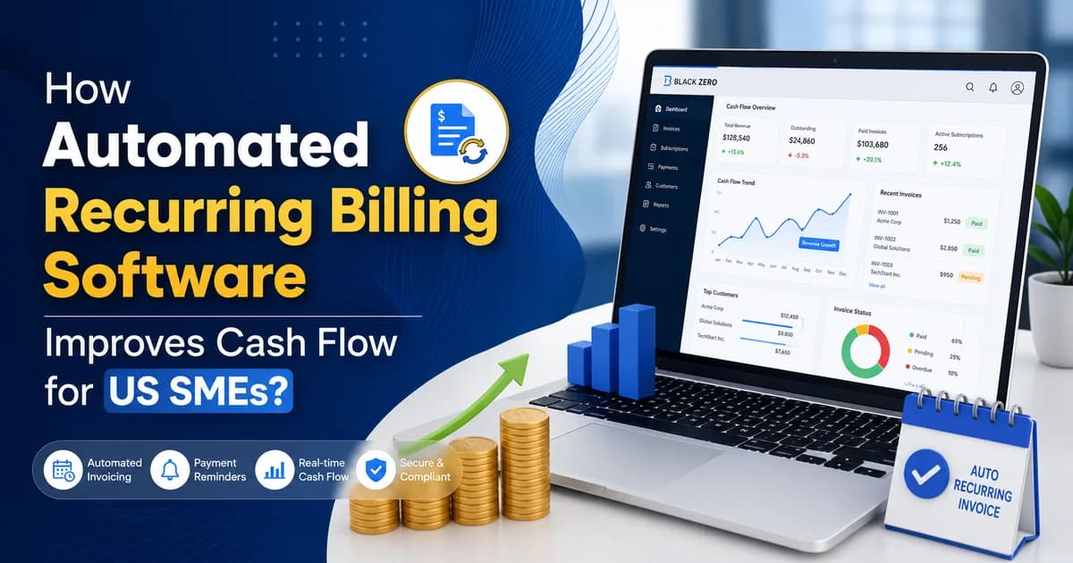 Black Zero automated recurring billing software USA dashboard displaying real-time SME cash flow metrics and revenue growth