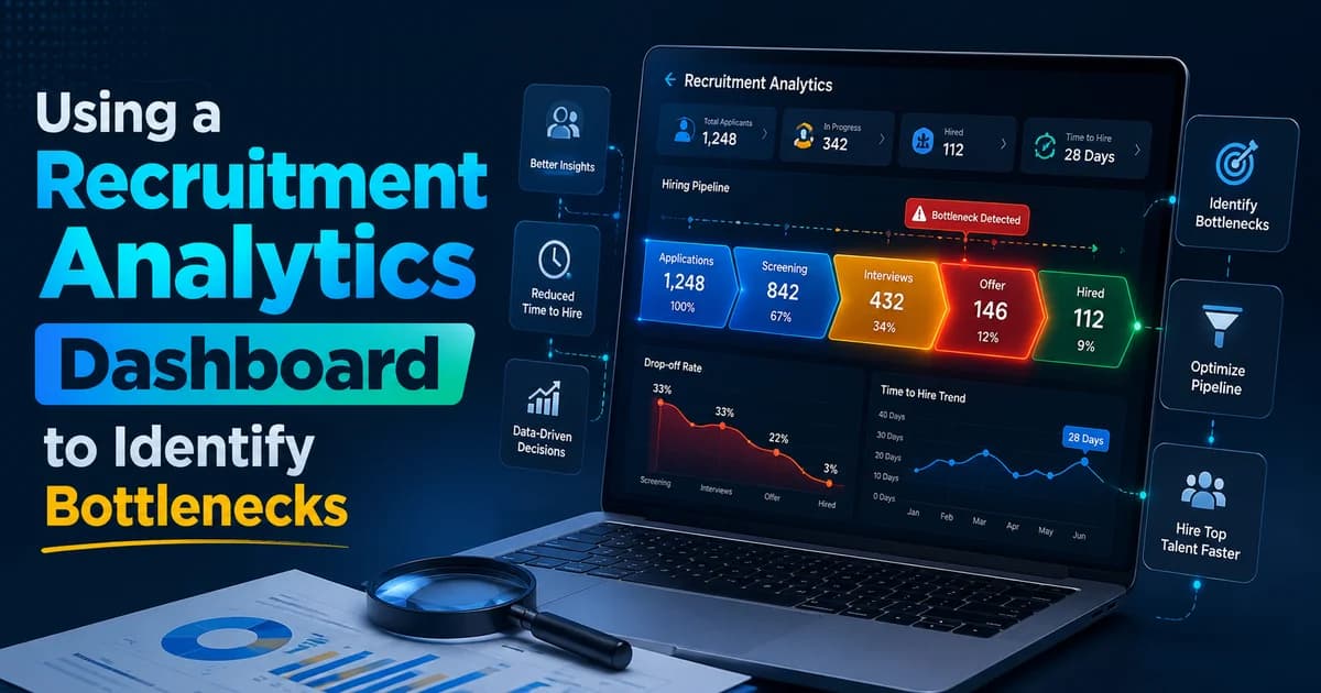 A 3D interactive recruitment analytics dashboard displayed in deep blue and cyan tones, highlighting candidate pipeline bottlenecks