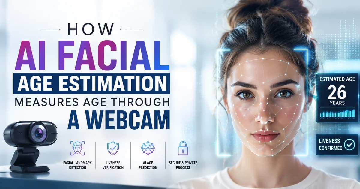 Diagram showing how AI facial age estimation analyzes facial landmarks through a standard webcam