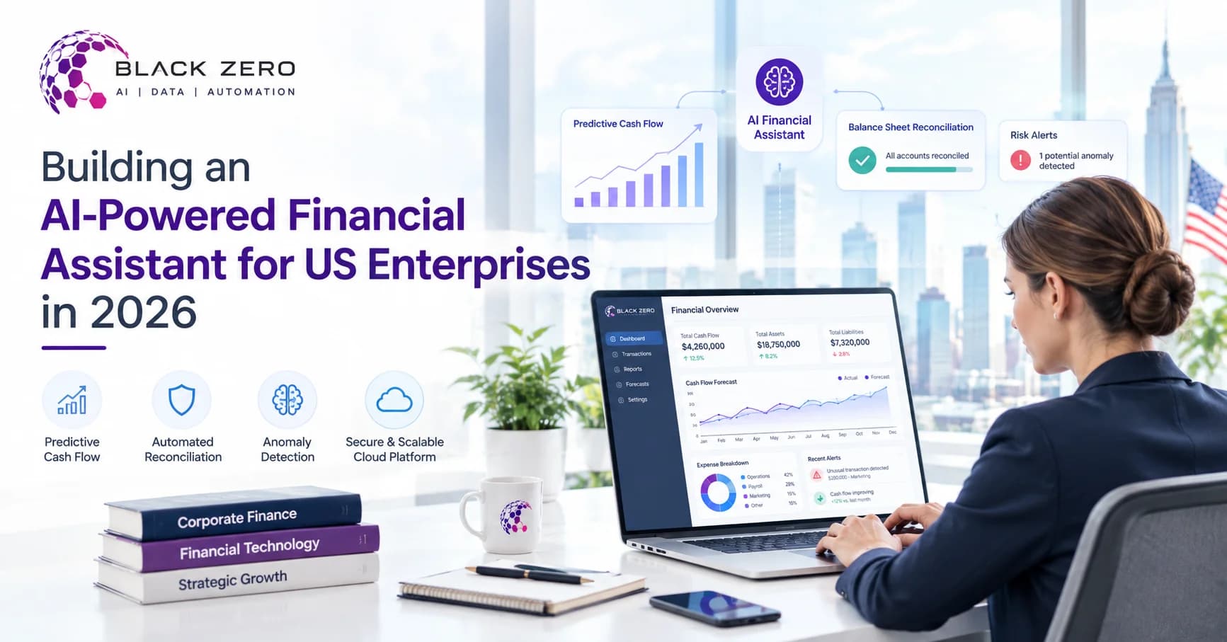 Corporate dashboard displaying predictive cash flow charts and balance sheet analytics for enterprise finance teams