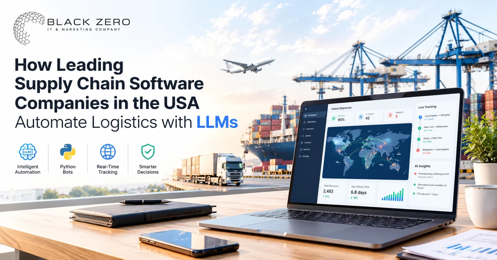 Dashboard interface of USA supply chain logistics software displaying automated global shipping routes